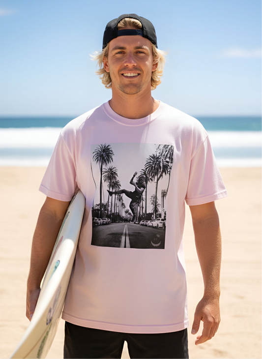 Lavender Kicksquad tee with Palm tree photo